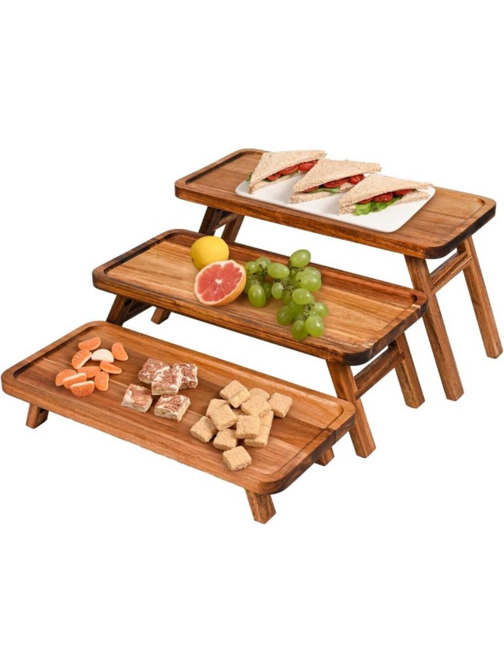 3-Tier Acacia Wooden Serving Tray Stand - Foldable Dessert Display for Parties